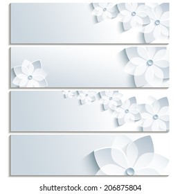 Set of horizontal banners gray with 3d blossoming sakura isolated on white background. Stylish trendy abstract wallpaper. Beautiful invitation or greeting card. Vector illustration