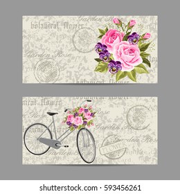 Set of horizontal banners. Gray bicycle with a basket full of flowers. Vintage postcard background. Vector illustration.