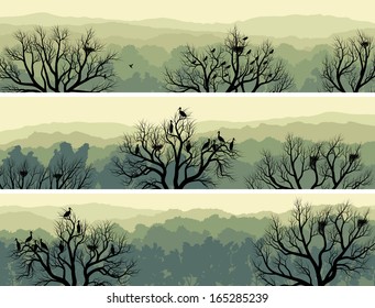 Set horizontal banners of green forest with nest in tree and birds (green tone).