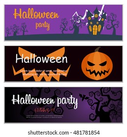 Set of horizontal banners for halloween party invitation. Vector retro autumn posters with pumpkins, trees, creepy castle.