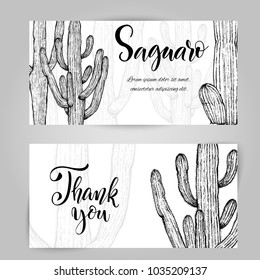 Set of horizontal banners with hand drawn saguaro, sketch style vector illustration isolated on white background. Wild floral exotic tropical plant. Black and white of saguaro cactus