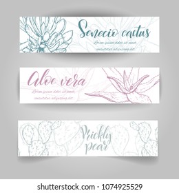 Set of horizontal banners with hand drawn cactuses, sketch style vector illustration isolated on white background. Wild floral exotic tropical plant. Black and white