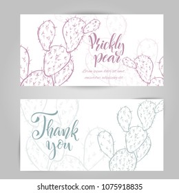 Set of horizontal banners with hand drawn cactuses, sketch style vector illustration isolated on white background. Wild floral exotic tropical plant. Black and white