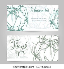 Set of horizontal banners with hand drawn echinocactus, sketch style vector illustration isolated on white background. Wild floral exotic tropical plant. Black and white of echinocactus