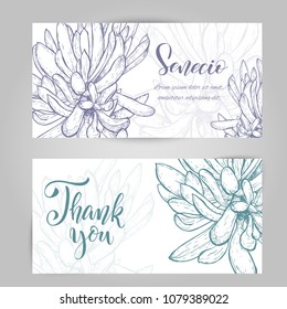 Set of horizontal banners with hand drawn senecio, sketch style vector illustration isolated on white background. Wild floral exotic tropical plant. Black and white of senecio cacti