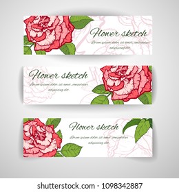 Set of horizontal banners with hand drawn cactuses, sketch style vector illustration isolated on white background.