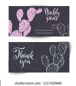 Set of horizontal banners with hand drawn cactuses, sketch style vector illustration isolated on white background. Wild floral exotic tropical plant.