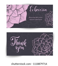 Set of horizontal banners with hand drawn cactuses, sketch style vector illustration isolated on white background. Wild floral exotic tropical plant.