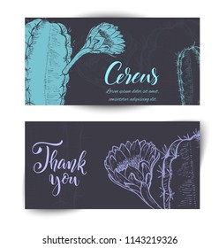 Set of horizontal banners with hand drawn cactuses, sketch style vector illustration isolated on white background. Wild floral exotic tropical plant.