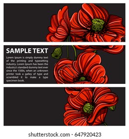 Set of ve?tor horizontal banners with hand drawn red poppies on grey background.