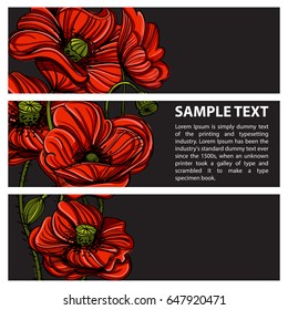 Set of ve?tor horizontal banners with hand drawn red poppies on grey background.