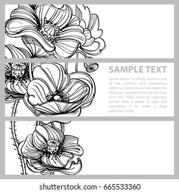 Set of ve?tor horizontal banners with hand drawn poppies on white background.
