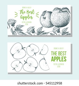 Set of horizontal banners with hand-drawn apples. Vector illustration for fruits market. Vertical flyers collection. Vintage elements for design
