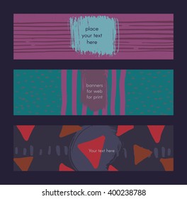 Set of horizontal banners, handdrawn, decorated with liquid ink brush splashes, stripes, strokes and spots. Isolated on dark background vector branding illustration, stylish, with imperfect parts.