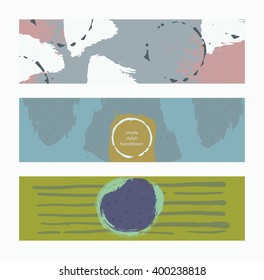 Set of horizontal banners, handdrawn, decorated with liquid ink brush splashes, stripes, strokes and spots. Isolated on white background vector branding illustration, stylish, with imperfect parts.