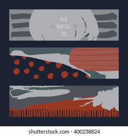 Set of horizontal banners, handdrawn, decorated with liquid ink brush splashes, stripes, strokes and spots. Isolated on blue background vector branding illustration, stylish, with imperfect parts.