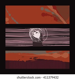 Set of horizontal banners, handdrawn, decorated with liquid ink brush stripes, strokes and spots. Isolated on background vector illustration, stylish, with imperfect parts in intricate dark colors