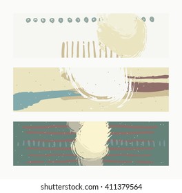 Set of horizontal banners, handdrawn, decorated with liquid ink brush splashes, stripes, strokes and spots. Isolated on background vector illustration, stylish, with imperfect parts in pastel colors