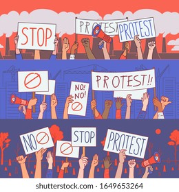 Set of horizontal banners with hands holding protesting signs and raised fists, sketch vector illustration on colorful background. Political human rights concept.