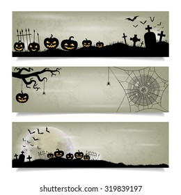Set of horizontal banners with Happy Halloween background. Moon, bats, spider web, spider and halloween lanterns.