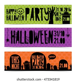 Set of horizontal banners with Happy Halloween party. Invitation with zombie hands, silhouettes cemetery and gravestone.