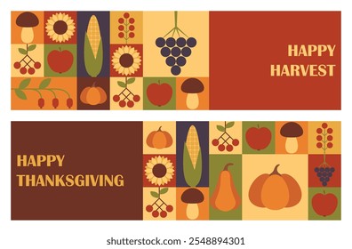 Set of horizontal banners Happy Harvest and Happy Thanksgiving. Greeting card design template with abstract geometric print. Vector illustration