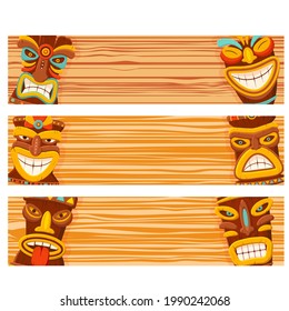 Set of horizontal banners with hawaiian traditional tribal tiki mask and wood texture. Polynesian masks or totems collection. African traditional wooden mask. Copy space for text. Vector EPS10