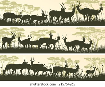 Set horizontal banners of herd antelope in African savanna with trees.