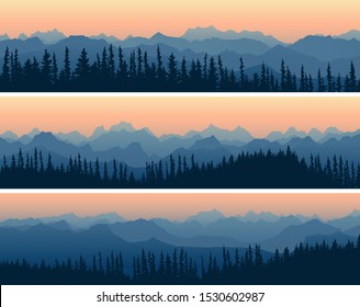 Set of horizontal banners hills of coniferous wood with mountains range.