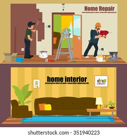 set of horizontal banners: Home interior and repairs at home. Vector illustration in a flat style.