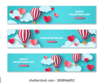 Set of horizontal banners with hot air balloon in blue sky and paper cut clouds. Romantic adventure for honeymoon design. Place for text. Happy Valentines day sale voucher template with hearts.
