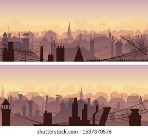 Set of horizontal banners of houses roofs with chimneys pipes and antennas television aerials and hanging wires at sunset.