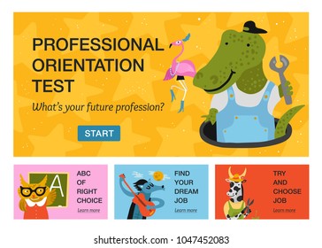 Set of horizontal banners with humanized animals of different professions isolated on color background vector illustration 