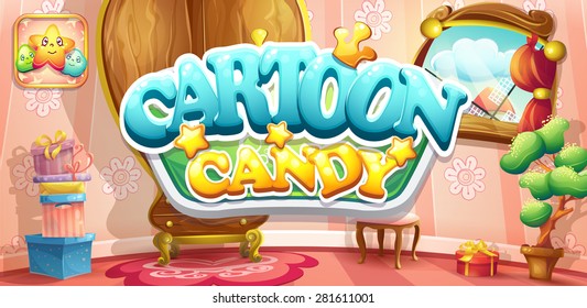 Set of horizontal banners and icons to computer game cartoon candy