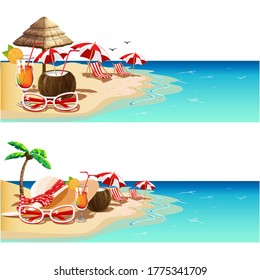 Set of horizontal banners with the image of the beach, the sea, cocktails, a deck chair, parasols, sun glasses, and a summer hat. Templates for invitations and advertising. Vector illustration
