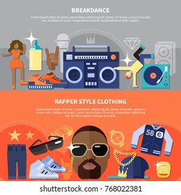 Set Of Horizontal Banners Including African American Rapper With Clothing, Breakdance And Music Equipment Isolated Vector Illustration 