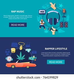 Set of horizontal banners including flat round compositions with rap music and rapper lifestyle isolated vector illustration