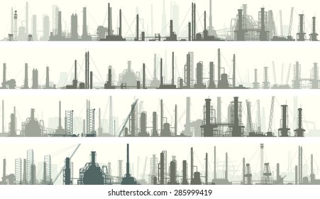 Set of horizontal banners: industrial part of city with factories, refineries and power plants.