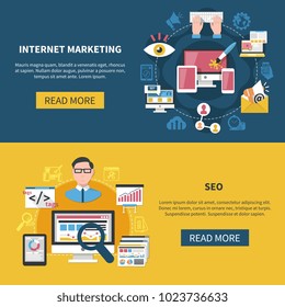 Set of horizontal banners with internet marketing and seo on blue and yellow background isolated vector illustration