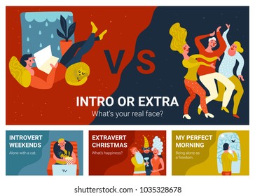 Set Of Horizontal Banners With Introvert And Extravert In Various Situations Isolated Hand Drawn Vector Illustration 