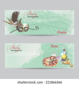 Set of horizontal banners of Italy. Cities of Rome and Venice mask, Pitz, cheese and a can of oil