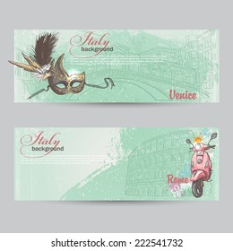 Set of horizontal banners of Italy. Cities of Rome and Venice with a mask and a pink moped