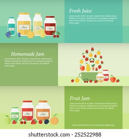 Set of horizontal banners with jars of fruit jam and juice and pan. Flat design vector illustration