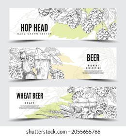 Set of horizontal banners or labels with hop, beer bottle and glass - vector illustration in sketch style. Vintage design for brewery.