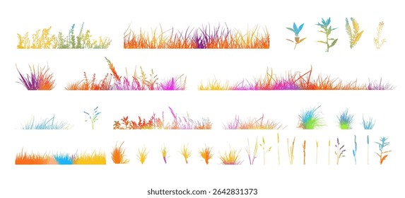 Conjunto de faixas horizontais de silhuetas coloridas do prado com grama. desenhado à mão. Não AI, ilustração Vetorial.