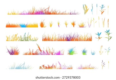Conjunto de faixas horizontais de silhuetas coloridas do prado com grama. desenhado à mão. Não AI, ilustração Vetorial.