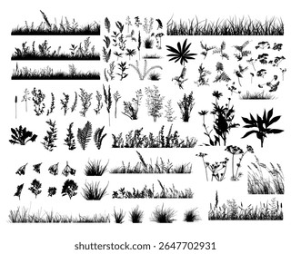 Set of horizontal banners of meadow silhouettes with grass. hand drawn. Not AI, Vector illustration.