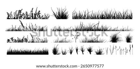 Set of horizontal banners of meadow silhouettes with grass. hand drawn. Not AI, Vector illustration.