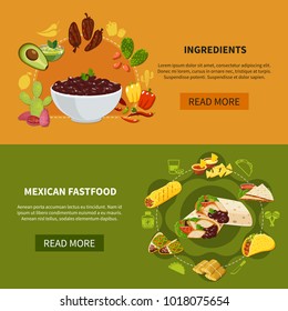 Set of horizontal banners with mexican fastfood and ingredients for traditional dishes isolated vector illustration 