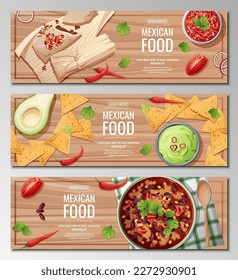 Set of horizontal banners with mexican food on a wooden background. Tamales, nachos, bean soup. Banner, flyer, poster, advertisement of traditional Mexican food.